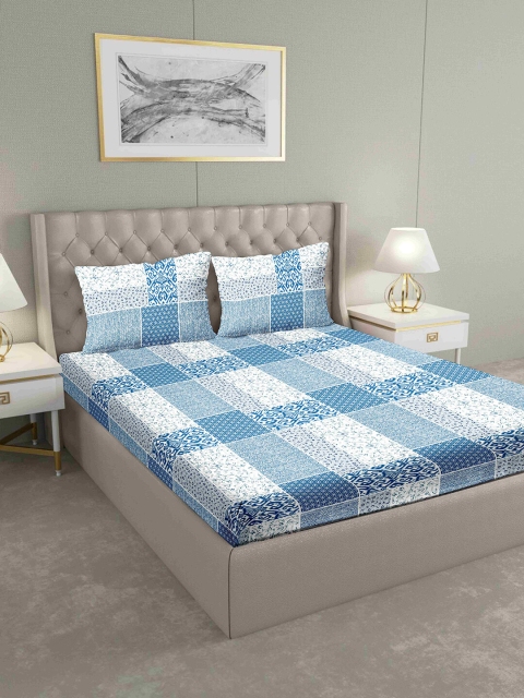 

BELLA CASA White & Blue Geometric 160 TC Cotton 1 King Bedsheet with 2 Pillow Covers