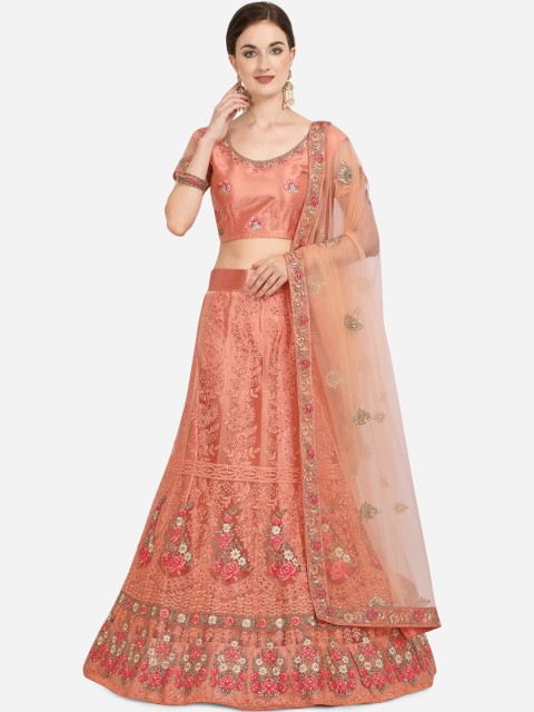 

Netram Peach-Coloured & Pink Embroidered Unstitched Lehenga & Blouse with Dupatta