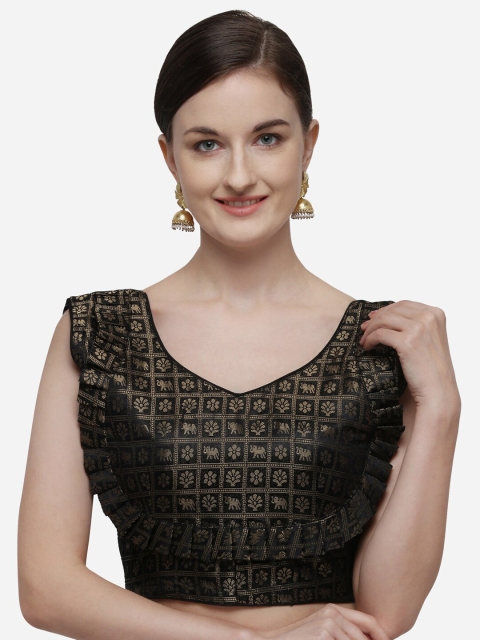 

Fab Dadu Women Black & Gold-Coloured Woven Design Jacquard Readymade Saree Blouse