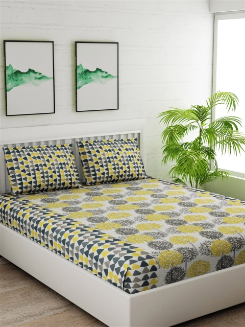 

Salona Bichona Yellow & White Ethnic Motifs 144 TC Cotton 1 King Bedsheet with 2 Pillow Covers