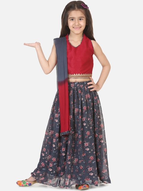 

BownBee Girls Grey & Maroon Solid Ready to Wear Lehenga & Blouse with Dupatta