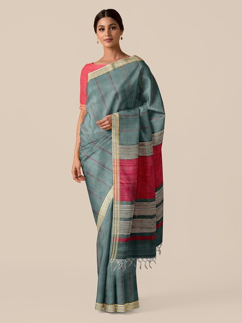 

Taneira Green & Red Pure Silk Striped Bhagalpuri Saree