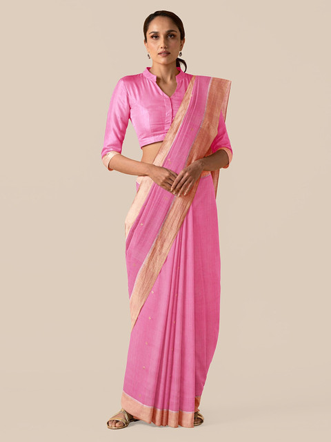 

Taneira Pink & Gold-Toned Silk Cotton Woven Design Chanderi Saree