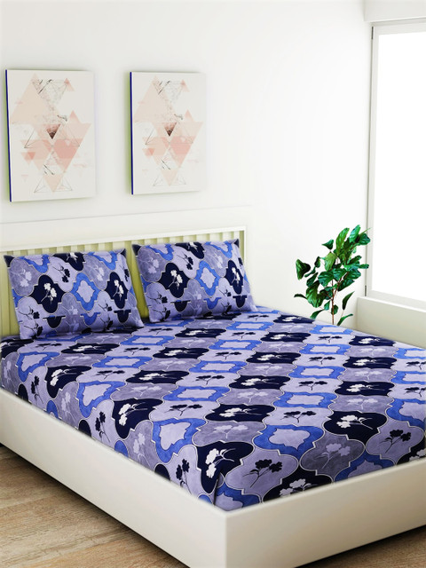 

Salona Bichona Blue & Grey Ethnic Motifs 120 TC Cotton 1 King Bedsheet with 2 Pillow Covers