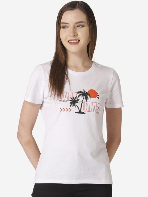 

Mode by Red Tape Women White & Orange Printed Round Neck T-shirt