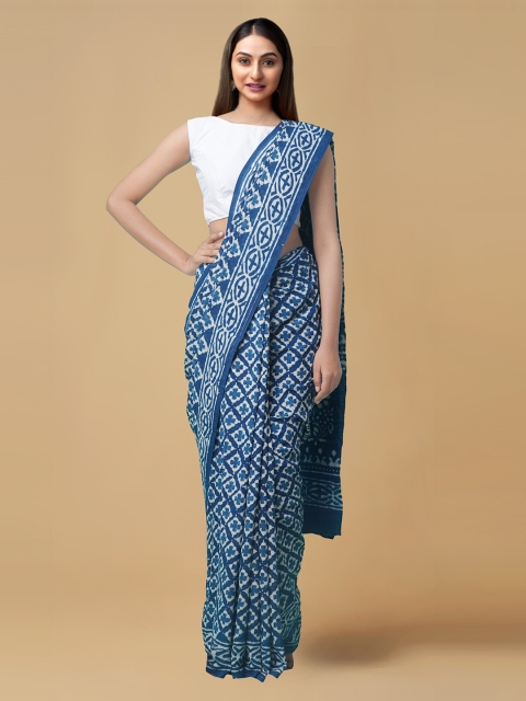 

Unnati Silks Blue & White Pure Cotton Printed Dabu Saree