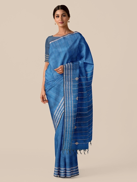 

Taneira Blue & Gold-Toned Pure Silk Solid Bhagalpuri Saree