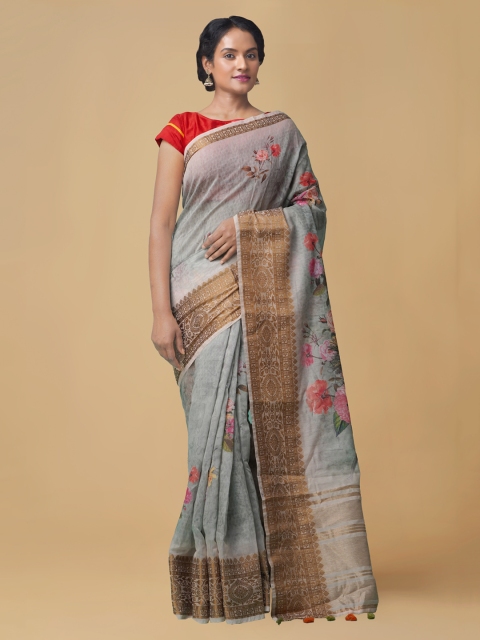 

Unnati Silks Grey & Gold-Toned Linen Blend Printed Jamdani Saree