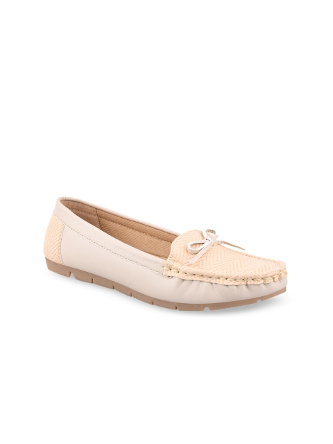 

CALZADO Women Cream-Coloured Woven Design Leather Loafers