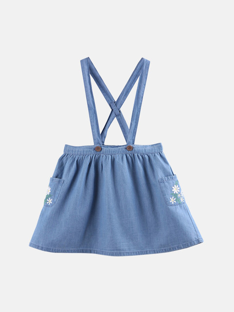 

Beebay Infant Girls Blue Solid A-Line Denim Skirt With Suspenders