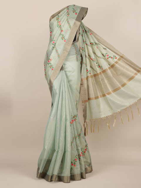 

Pothys Green Embroidered Tissue Saree With Tasseled Pallu