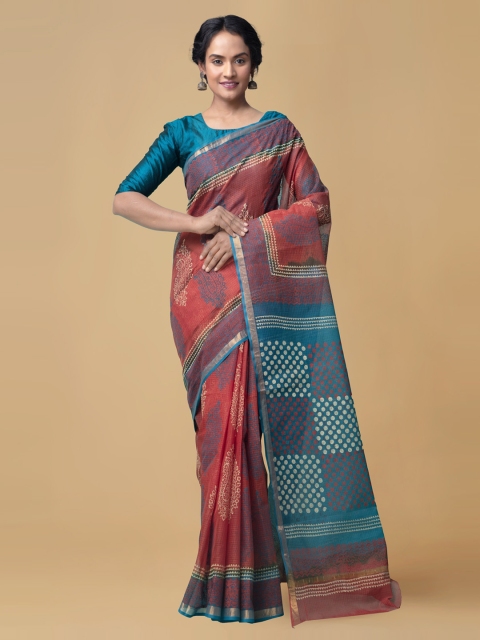 Unnati Silks Red & Blue Organza Printed Kota Saree
