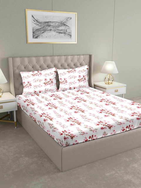 

BELLA CASA White & Pink Floral 160 TC Cotton 1 King Bedsheet with 2 Pillow Covers