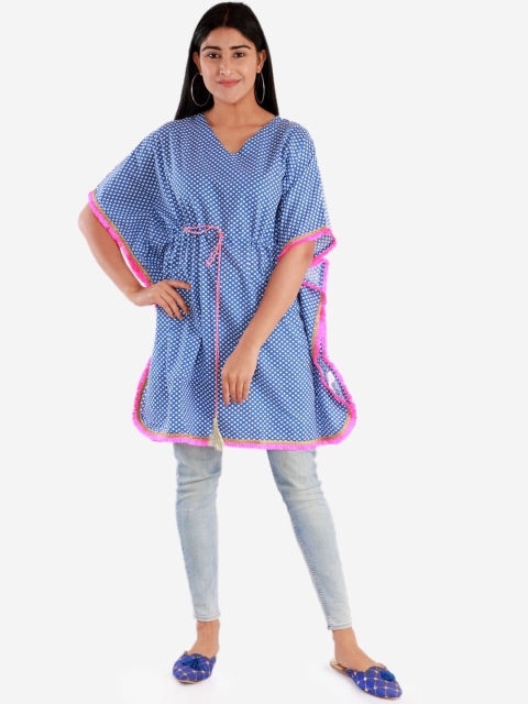 

Lil Peacock Blue Geometric Printed Batwing Sleeves Kaftan Top