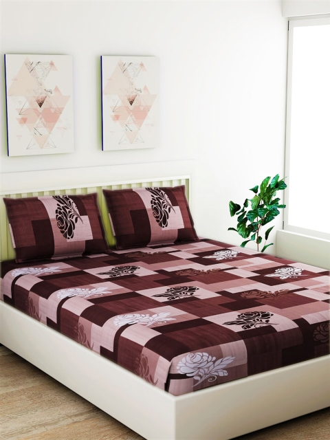 

Salona Bichona Brown & Maroon Floral 120 TC Cotton 1 King Bedsheet with 2 Pillow Covers