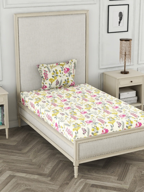 

BIANCA White & Grey Floral 110 TC Cotton 1 Single Bedsheet with 1 Pillow Cover