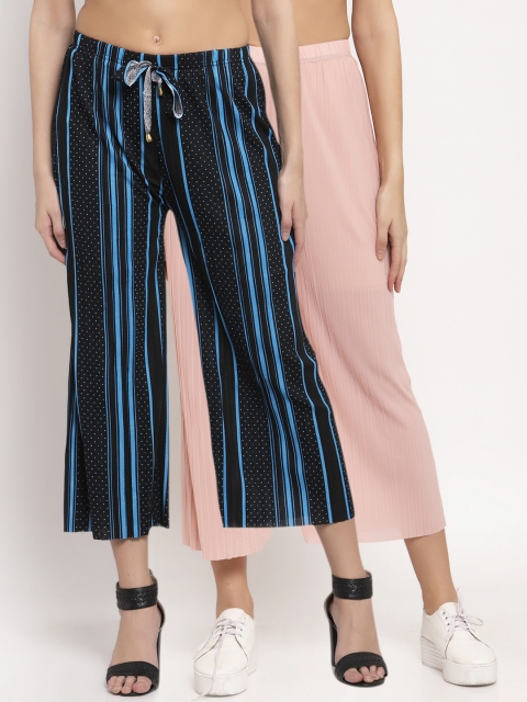 

KLOTTHE Women Pack of 2 Pink & Black Striped Wide Leg Palazzos