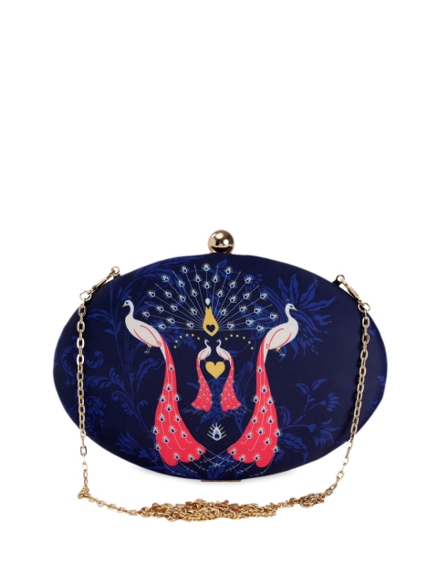 

TRINK Navy Blue & Pink Printed Box Clutch with Chain Strap