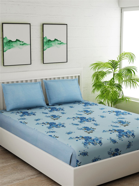 

Salona Bichona Blue & Grey Floral 144 TC Cotton 1 King Bedsheet with 2 Pillow Covers