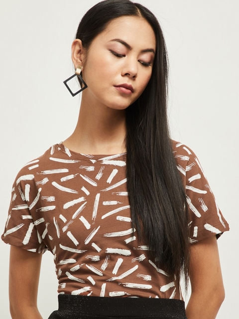 

max Women Brown Printed Round Neck Cotton T-shirt