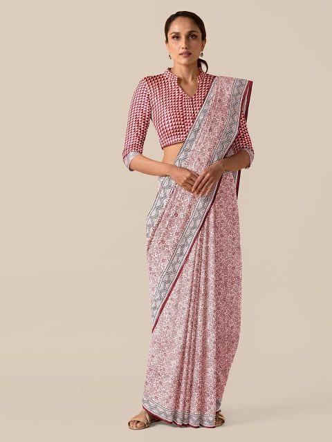 

Taneira Off-White & Brown Pure Cotton Printed Block Print Saree