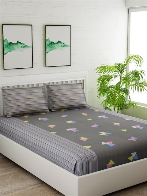 

Salona Bichona Grey & Yellow Conversational 144 TC Cotton 1 King Bedsheet with 2 Pillow Covers
