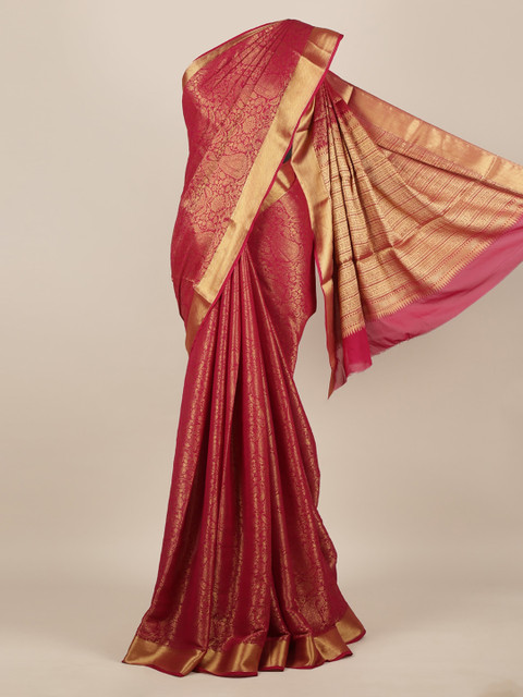 

Pothys Maroon & Gold-Toned Pure Chiffon Woven Design Saree With Zari Border