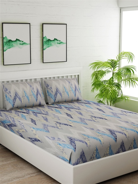 Salona Bichona Grey & Purple Geometric 144 TC Cotton 1 King Bedsheet with 2 Pillow Covers