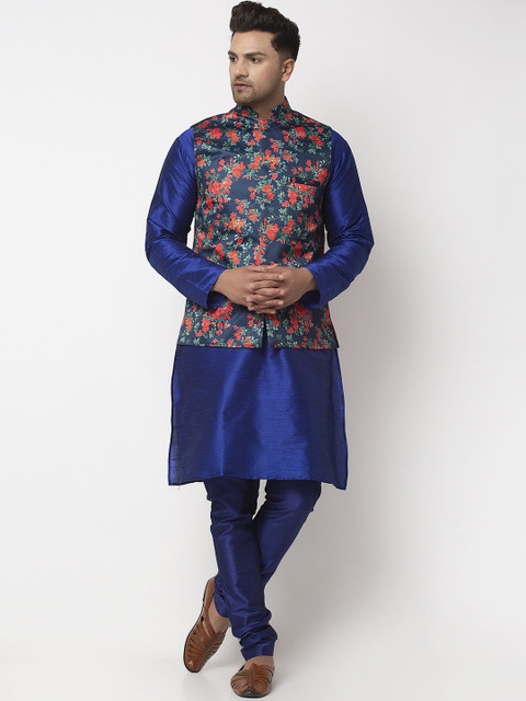 

Benstoke Men Blue Solid Kurta with Churidar & Nehru Jacket
