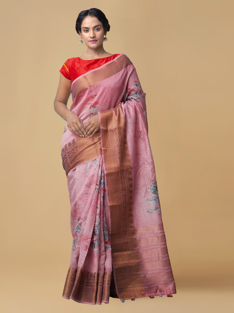 

Unnati Silks Pink & Gold-Toned Linen Blend Printed Jamdani Saree