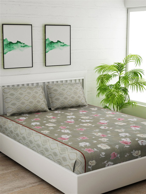 

Salona Bichona Grey & White Floral 144 TC Cotton 1 King Bedsheet with 2 Pillow Covers