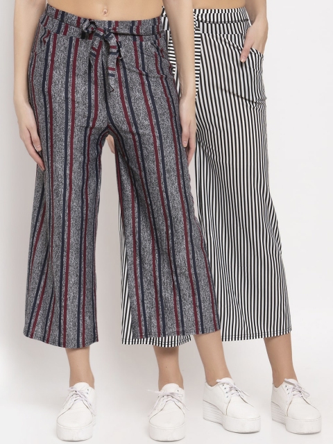 

KLOTTHE Women Pack of 2 Striped Wide Leg Palazzos, Grey
