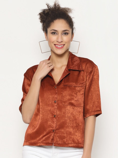 

Twenty3 Women Rust Brown Boxy Solid Satin Casual Shirt