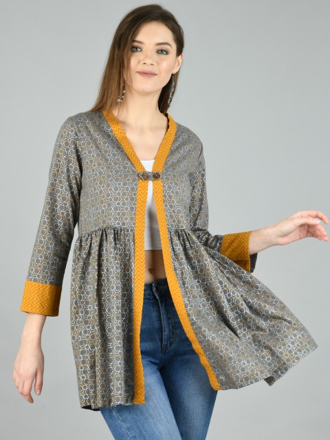 

Myshka Women Grey & Mustard Printed Button Shrug