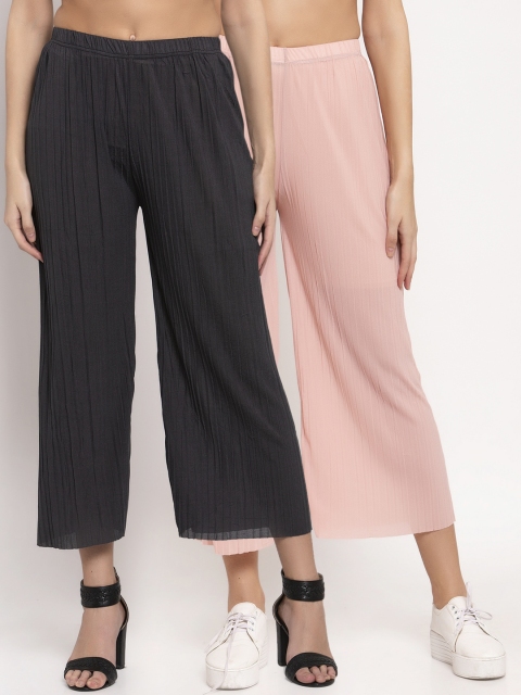 

KLOTTHE Women Pink & Black Solid Wide Leg Palazzos Set of 2