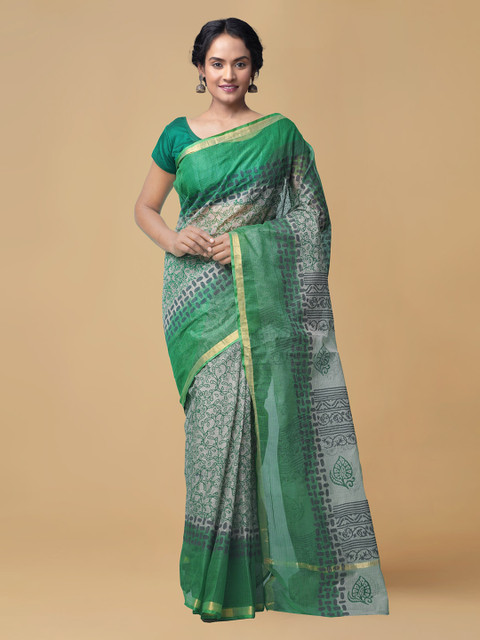 

Unnati Silks Grey & Green Organza Printed Kota Saree