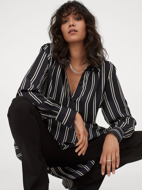 

H&M Women Black & White Striped Tie-belt Dress