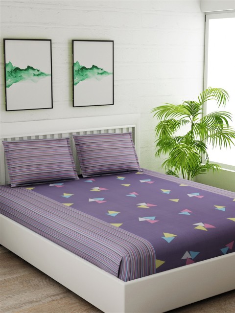 

Salona Bichona Purple & Yellow Geometric 144 TC Cotton 1 King Bedsheet with 2 Pillow Covers
