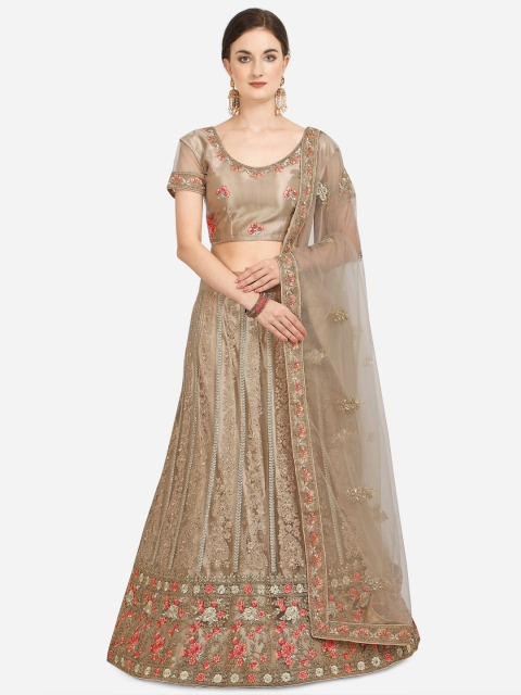 

Netram Beige & Pink Embroidered Semi-Stitched Lehenga & Blouse with Dupatta