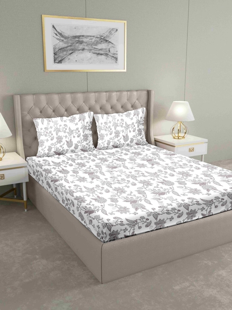 

BELLA CASA White & Grey Floral 160 TC Cotton 1 King Bedsheet with 2 Pillow Covers