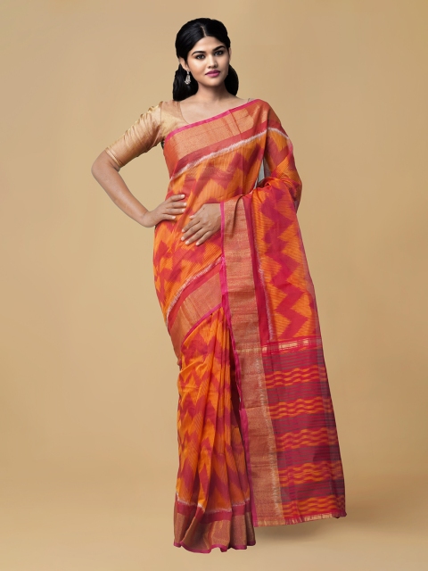 

Unnati Silks Red & Orange Silk Blend Printed Pochampally Saree