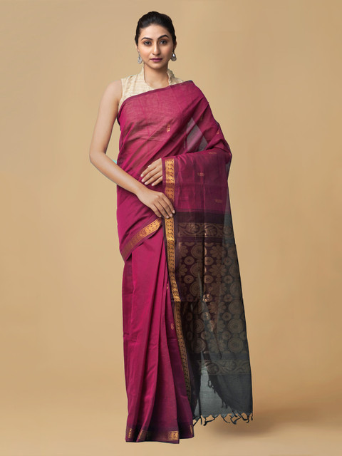 

Unnati Silks Burgundy Pure Cotton Woven Design Garad Handloom Saree