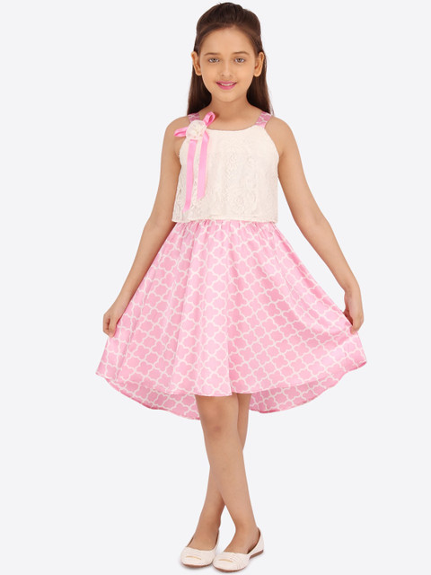 

CUTECUMBER Girls Pink & Off-White Printed Fit and Flare Dress
