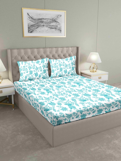 

BELLA CASA White & Turquoise Blue Ethnic Motifs 160 TC Cotton 1 King Bedsheet with 2 Pillow Covers