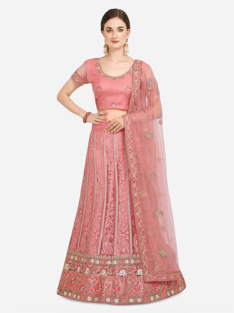 

Netram Pink & Silver-Toned Embroidered Semi Stitched Lehenga & Blouse with Dupatta