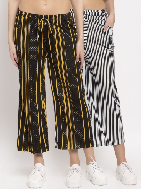 

KLOTTHE Women Black & Yellow Striped Wide Leg Palazzos Set of 2