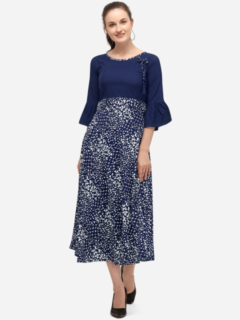

SAADHVI Women Navy Blue & White Printed Fit and Flare Dress
