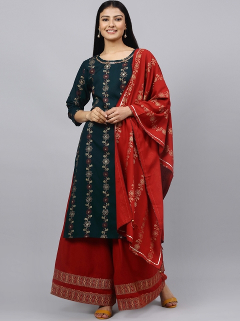 

ANAISA Women Teal Green & Red Printed Kurta with Palazzos & Dupatta