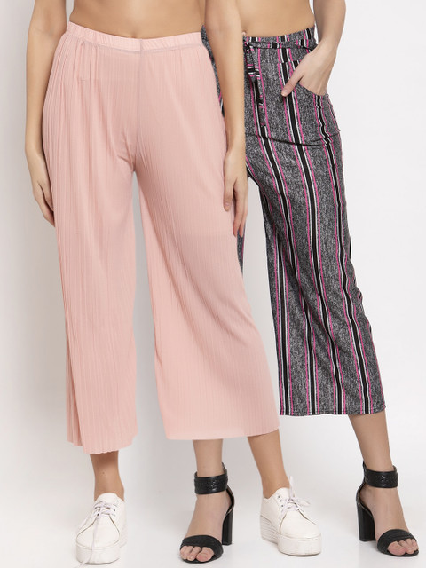 

KLOTTHE Women Pack of 2 Grey & Pink Striped Wide Leg Palazzos