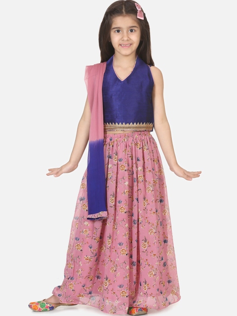 

BownBee Girls Pink & Blue Solid Ready to Wear Lehenga & Blouse with Dupatta